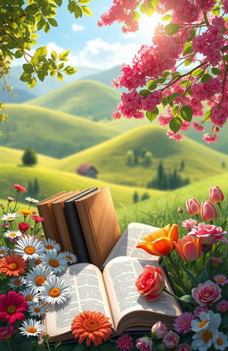 A serene digital painting depicting an assortment of books lying open amidst a stunning natural setting
