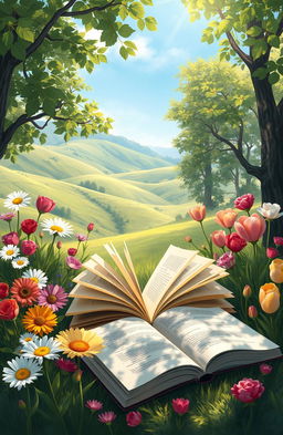 A serene digital painting depicting an assortment of books lying open amidst a stunning natural setting