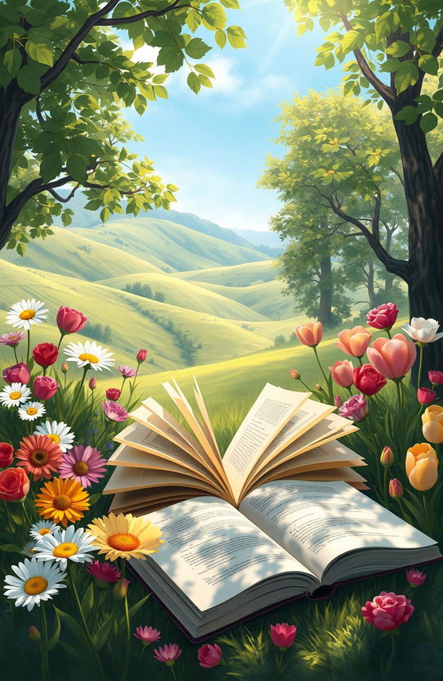 A serene digital painting depicting an assortment of books lying open amidst a stunning natural setting