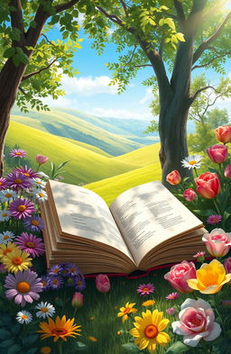 A serene digital painting depicting an assortment of books lying open amidst a stunning natural setting