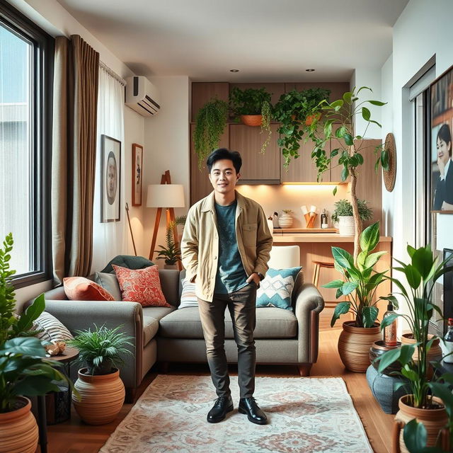 A modern Asian household featuring a 25-year-old Asian adult engaging in various activities around the house