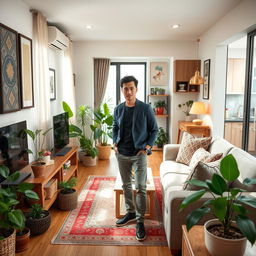 A modern Asian household featuring a 25-year-old Asian adult engaging in various activities around the house