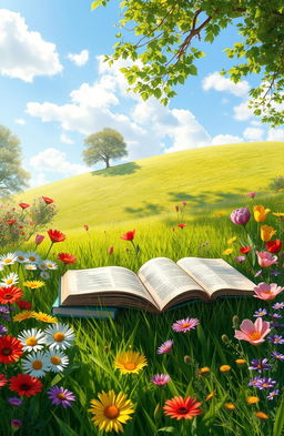 A serene digital painting depicting an assortment of colorful books lying open on a lush green meadow surrounded by a variety of beautiful flowers in full bloom