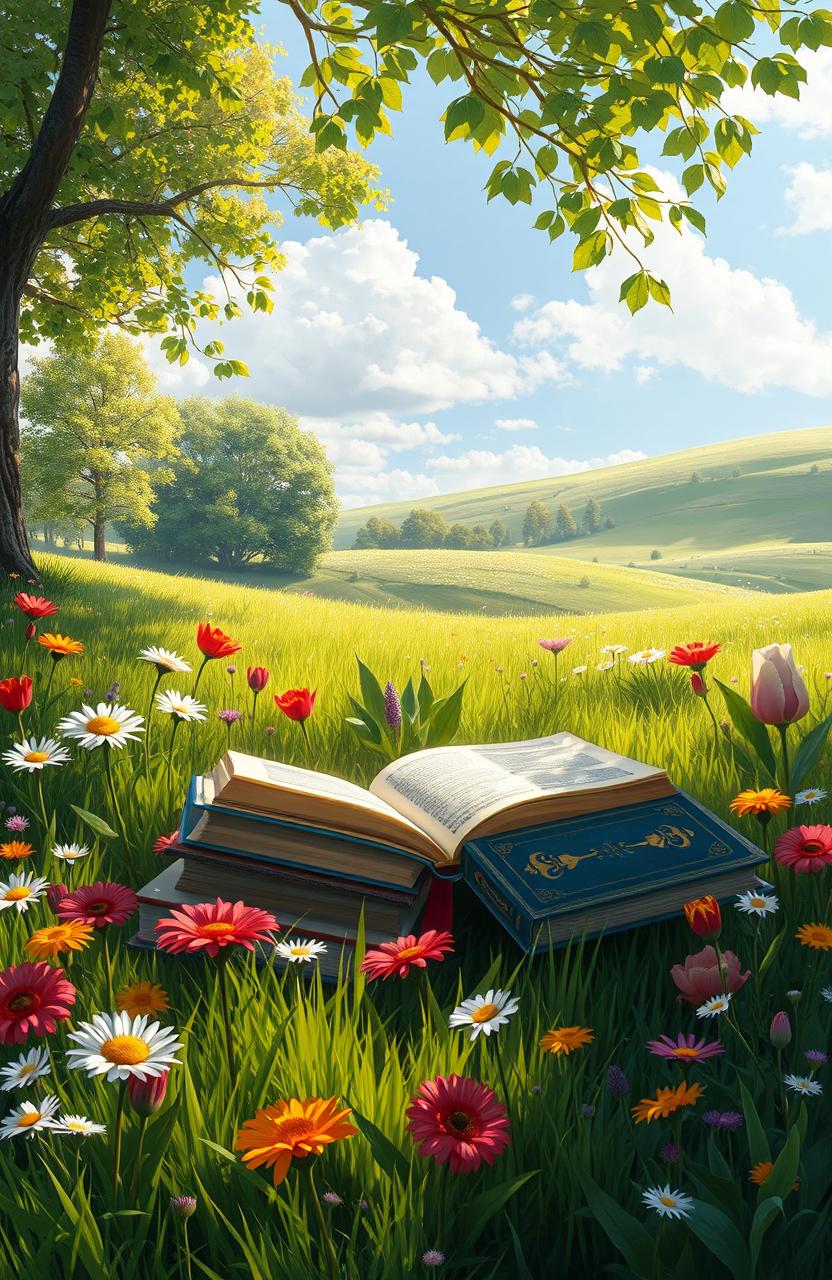 A serene digital painting depicting an assortment of colorful books lying open on a lush green meadow surrounded by a variety of beautiful flowers in full bloom