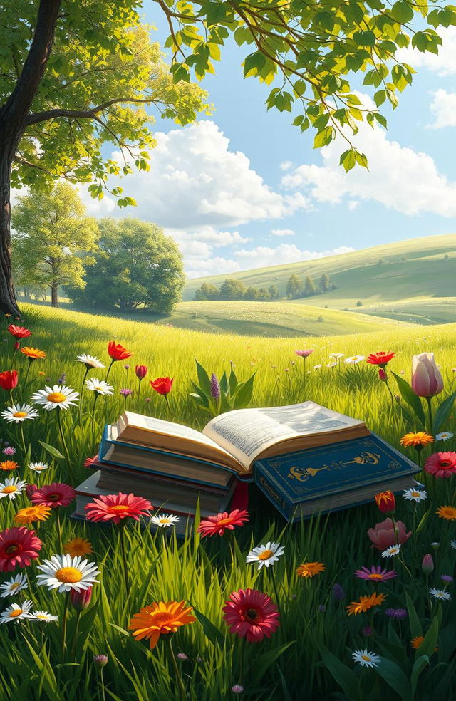 A serene digital painting depicting an assortment of colorful books lying open on a lush green meadow surrounded by a variety of beautiful flowers in full bloom