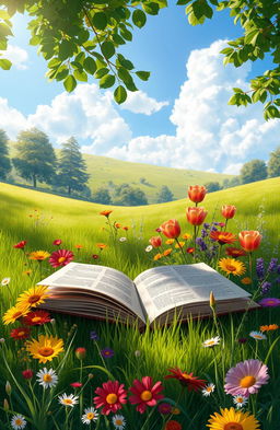 A serene digital painting depicting an assortment of colorful books lying open on a lush green meadow surrounded by a variety of beautiful flowers in full bloom