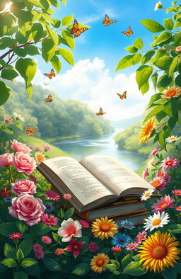 A serene digital painting of an open stack of books nestled among vibrant, blooming flowers in a picturesque natural setting