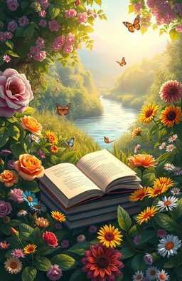 A serene digital painting of an open stack of books nestled among vibrant, blooming flowers in a picturesque natural setting