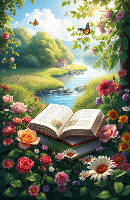A serene digital painting of an open stack of books nestled among vibrant, blooming flowers in a picturesque natural setting