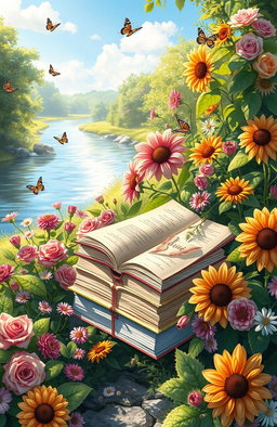 A serene digital painting of an open stack of books nestled among vibrant, blooming flowers in a picturesque natural setting