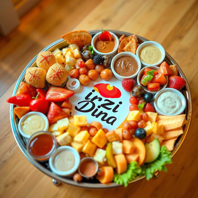 A beautifully arranged snack tray featuring a variety of delicious snacks, prominently showcasing the brand logo for 'Irzi Dina'