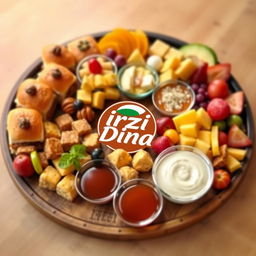 A beautifully arranged snack tray featuring a variety of delicious snacks, prominently showcasing the brand logo for 'Irzi Dina'