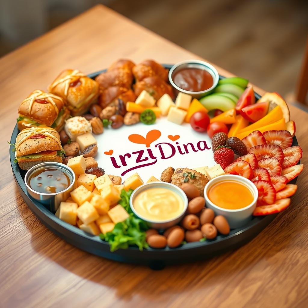 A beautifully arranged snack tray featuring a variety of delicious snacks, prominently showcasing the brand logo for 'Irzi Dina'