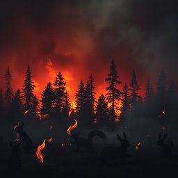 A dramatic scene depicting a forest fire in the background