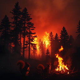 A dramatic scene depicting a forest fire in the background