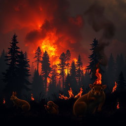 A dramatic scene depicting a forest fire in the background