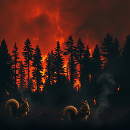 A dramatic scene depicting a forest fire in the background