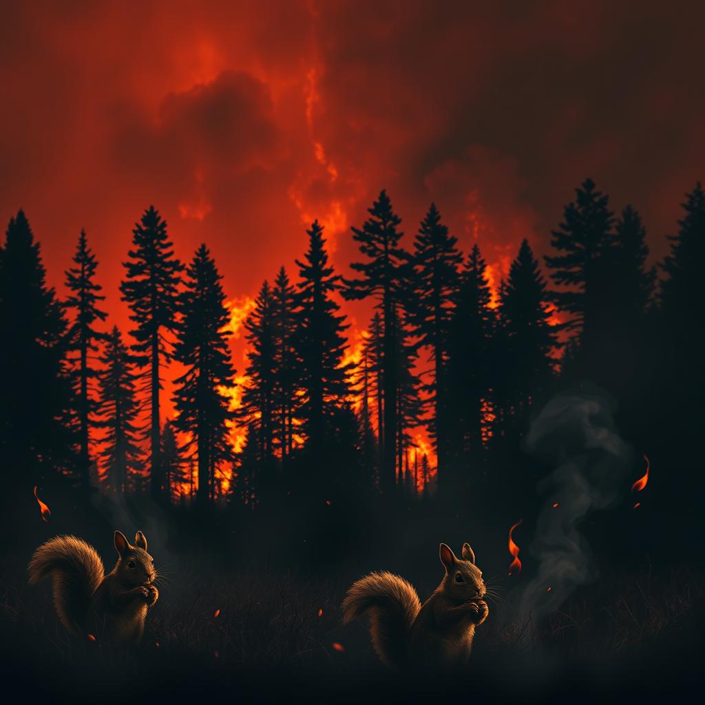 A dramatic scene depicting a forest fire in the background