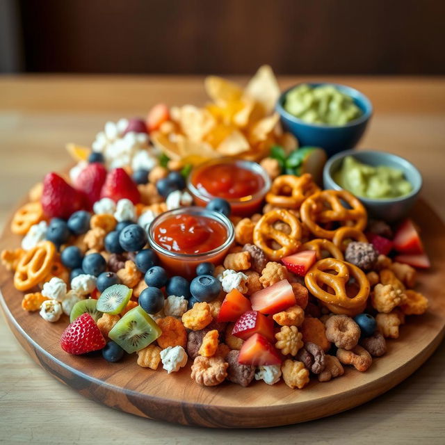 A colorful assortment of various snacks displayed on a beautiful wooden board