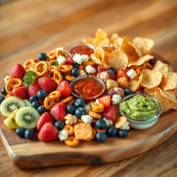 A colorful assortment of various snacks displayed on a beautiful wooden board