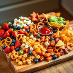A colorful assortment of various snacks displayed on a beautiful wooden board