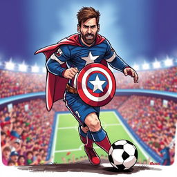 A whimsical illustration of Lionel Messi dressed in a Captain America costume, complete with a star-spangled shield and iconic red, white, and blue colors