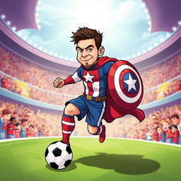 A whimsical illustration of Lionel Messi dressed in a Captain America costume, complete with a star-spangled shield and iconic red, white, and blue colors