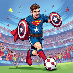 A whimsical illustration of Lionel Messi dressed in a Captain America costume, complete with a star-spangled shield and iconic red, white, and blue colors