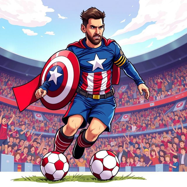 A whimsical illustration of Lionel Messi dressed in a Captain America costume, complete with a star-spangled shield and iconic red, white, and blue colors