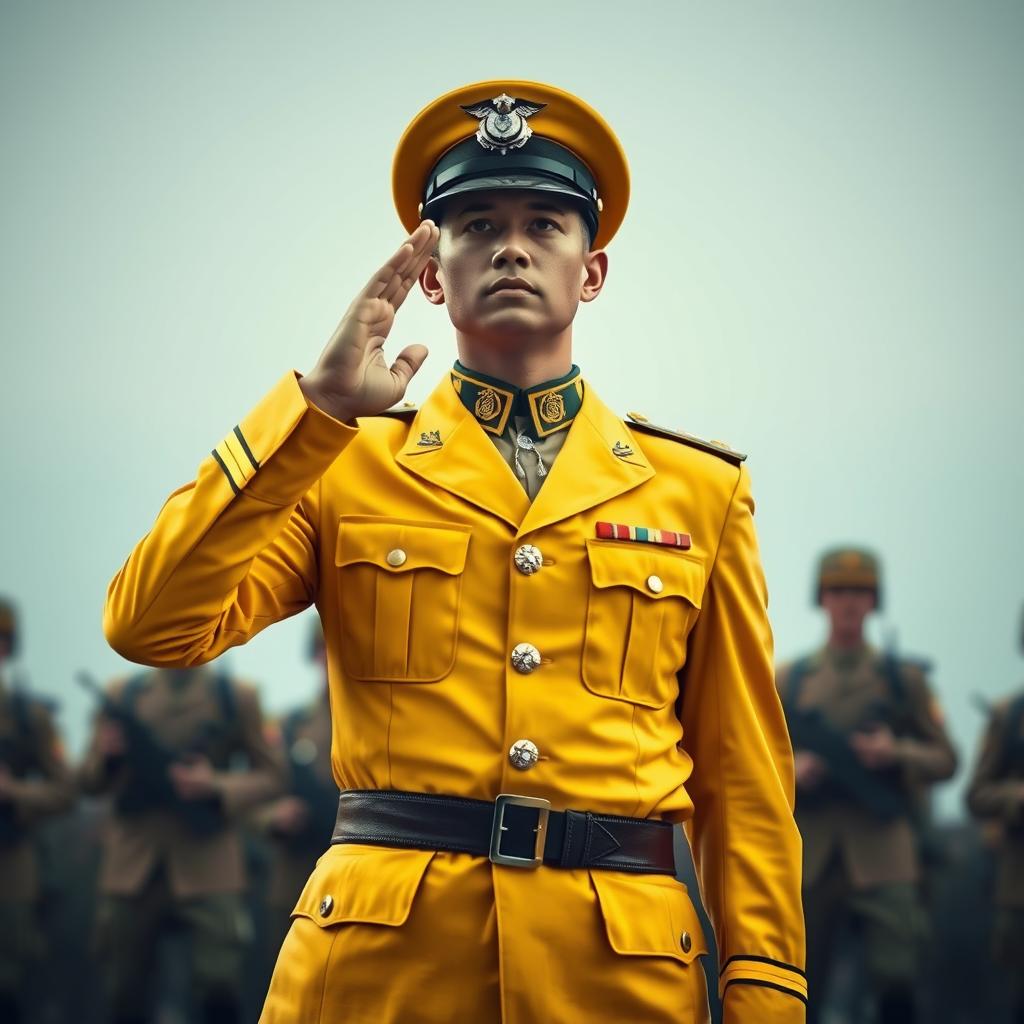 A full-body portrait of a soldier in a yellow military uniform, standing in a formal salute position reminiscent of historic military gestures