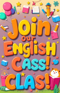A colorful and inviting banner designed for primary school students, featuring playful letters spelling 'Join Our English Class!' in bright, cheerful colors