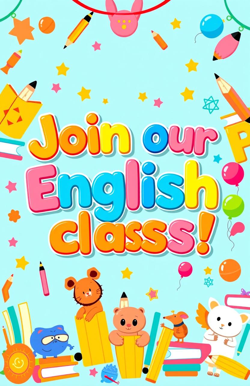 A colorful and inviting banner designed for primary school students, featuring playful letters spelling 'Join Our English Class!' in bright, cheerful colors