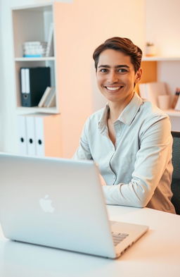 A professional profile photo for a freelance service provider on Fiverr, showcasing a person sitting at a neat desk workspace with a laptop open in front of them