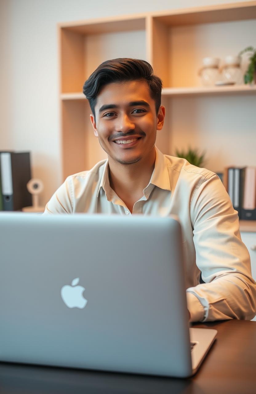 A professional profile photo for a freelance service provider on Fiverr, showcasing a person sitting at a neat desk workspace with a laptop open in front of them