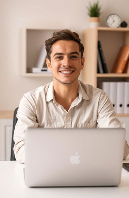 A professional profile photo for a freelance service provider on Fiverr, showcasing a person sitting at a neat desk workspace with a laptop open in front of them