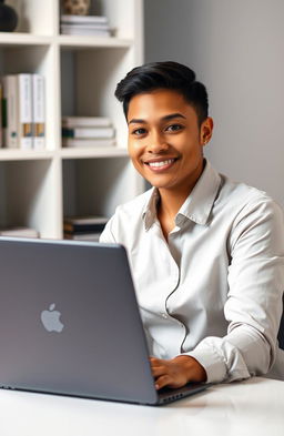 A professional profile photo for a freelance service provider on Fiverr, showcasing a person sitting at a neat desk workspace with a laptop open in front of them