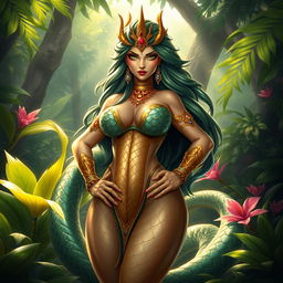 A voluptuous Yan-ti with elegant serpent features, possessing shimmering scales that reflect a mix of emerald green and deep gold