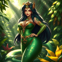 A voluptuous Yan-ti with elegant serpent features, possessing shimmering scales that reflect a mix of emerald green and deep gold