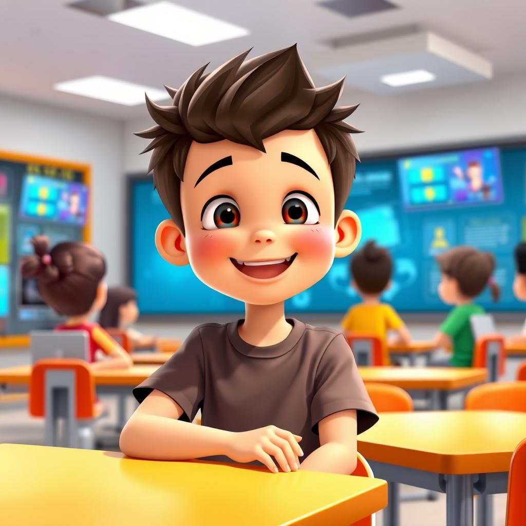 A charming animated boy with a bright and happy face, sitting in a modern smart classroom, engaging in conversation
