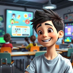 A charming animated boy with a bright and happy face, sitting in a modern smart classroom, engaging in conversation