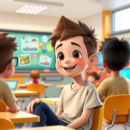 A charming animated boy with a bright and happy face, sitting in a modern smart classroom, engaging in conversation