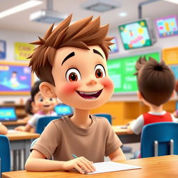 A charming animated boy with a bright and happy face, sitting in a modern smart classroom, engaging in conversation