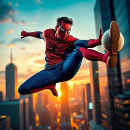 An imaginative fusion of Lionel Messi and Spider-Man, showcasing Messi in a vibrant Spider-Man costume, complete with web patterns and the iconic mask