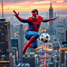 An imaginative fusion of Lionel Messi and Spider-Man, showcasing Messi in a vibrant Spider-Man costume, complete with web patterns and the iconic mask