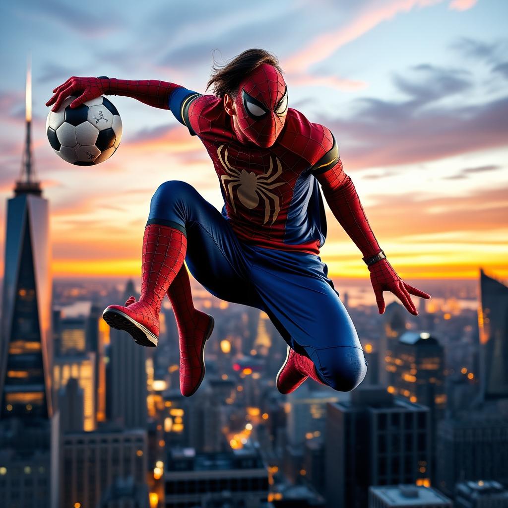 An imaginative fusion of Lionel Messi and Spider-Man, showcasing Messi in a vibrant Spider-Man costume, complete with web patterns and the iconic mask