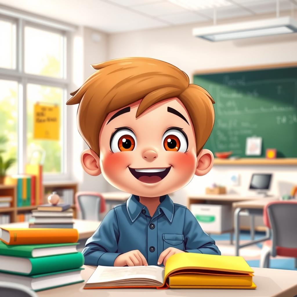 An attractive animated young boy happily talking alone in a smart classroom, full of color and engaging learning tools like books, a chalkboard, and modern technology