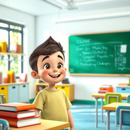 An attractive animated young boy happily talking alone in a smart classroom, full of color and engaging learning tools like books, a chalkboard, and modern technology