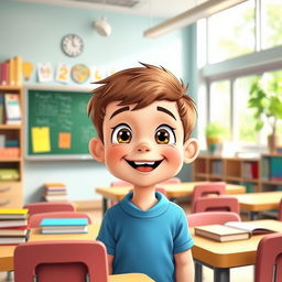 An attractive animated young boy happily talking alone in a smart classroom, full of color and engaging learning tools like books, a chalkboard, and modern technology