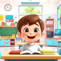 An attractive animated young boy happily talking alone in a smart classroom, full of color and engaging learning tools like books, a chalkboard, and modern technology