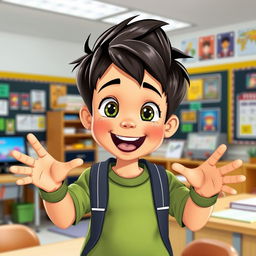 An animated young boy, very attractive and beautiful, enthusiastically speaking in a smart classroom, with a happy and cheerful expression on his face, surrounded by various high-tech learning materials and colorful posters on the wall